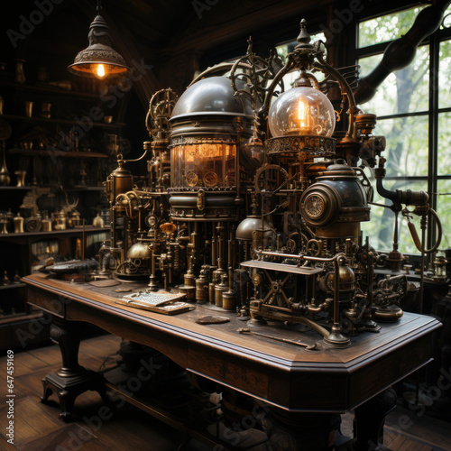 Steampunk laboratory workspace steeped in coppe 