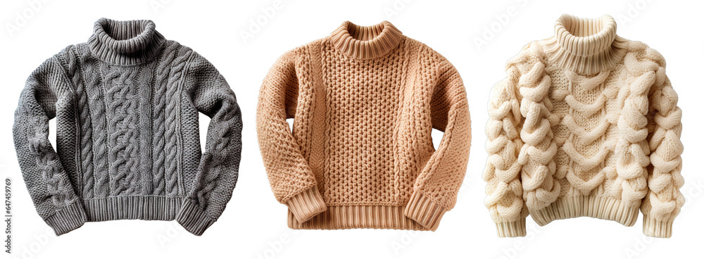 Three soft wool jumper in neutral tones over isolated on white and transparent background - obrazy, fototapety, plakaty 