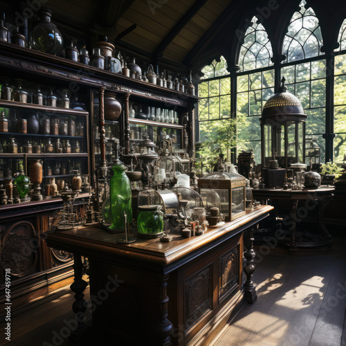 Ancient herbalists apothecary in a castle decorated  