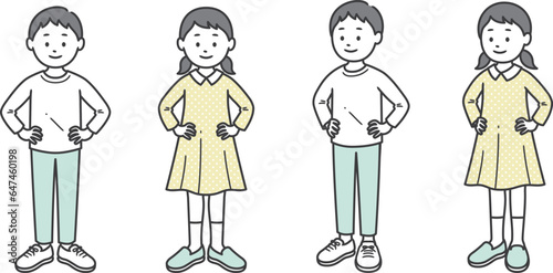 腰に手を当てる少年少女