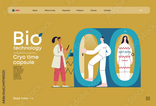 Bio Technology, Cryocapsule Time Freezer -modern flat vector concept illustration of futuristic cryocapsules resembling frozen time vaults. Metaphor of preserving life, time through cryonic technology