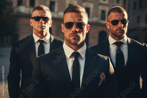 Bodyguards in suits. A group three of professional serious bodyguards in business attire and sunglasses