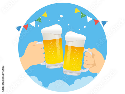 夏空とガーランドとビールで乾杯ワンポイント_ベクターイラスト


