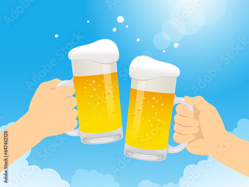 夏空とビールで乾杯_ベクターイラスト