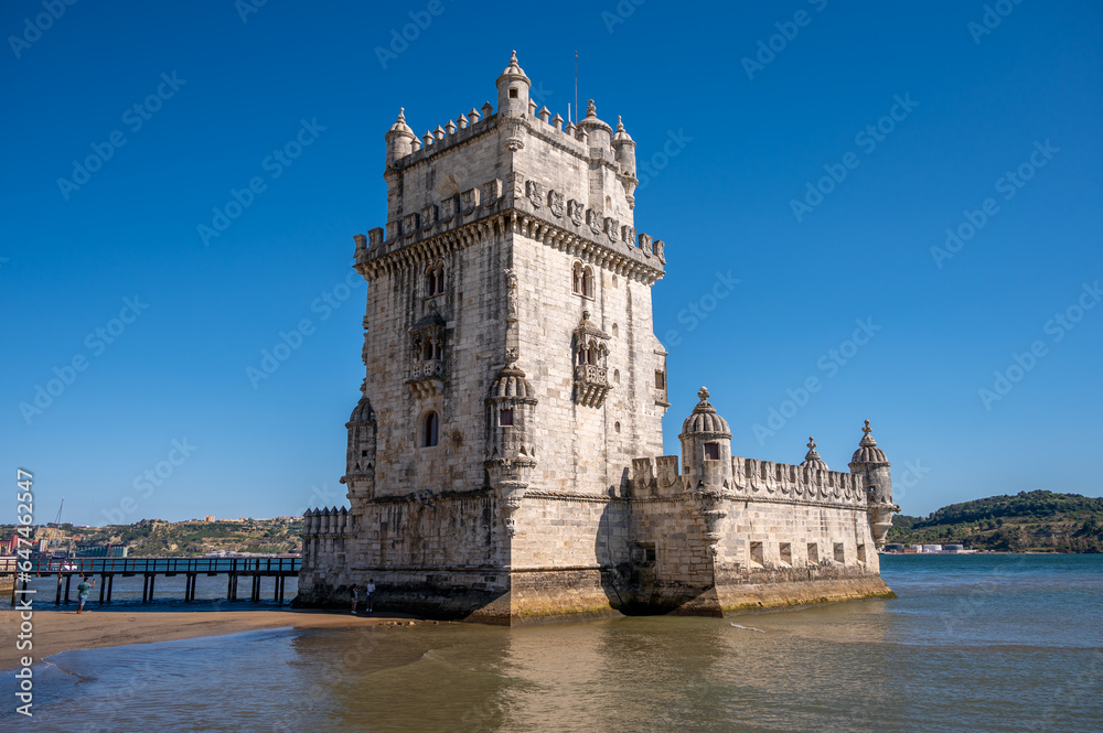 Beautiful view of the landmark Belem Tower in  Lisbon's old city.