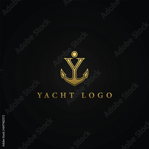 Abstract Letter Y monogram, Anchor logotype. The logo of the yacht club, maritime in gold color isolated on a black background. Letter anchor Y in gold color applied for the Yacht charter broker logo