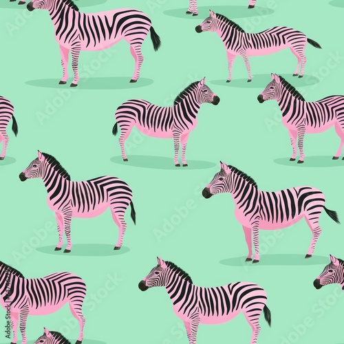Hand drawn abstract striped pink zebra pattern on mint green background. Collage contemporary seamless pattern. Fashionable template for design.