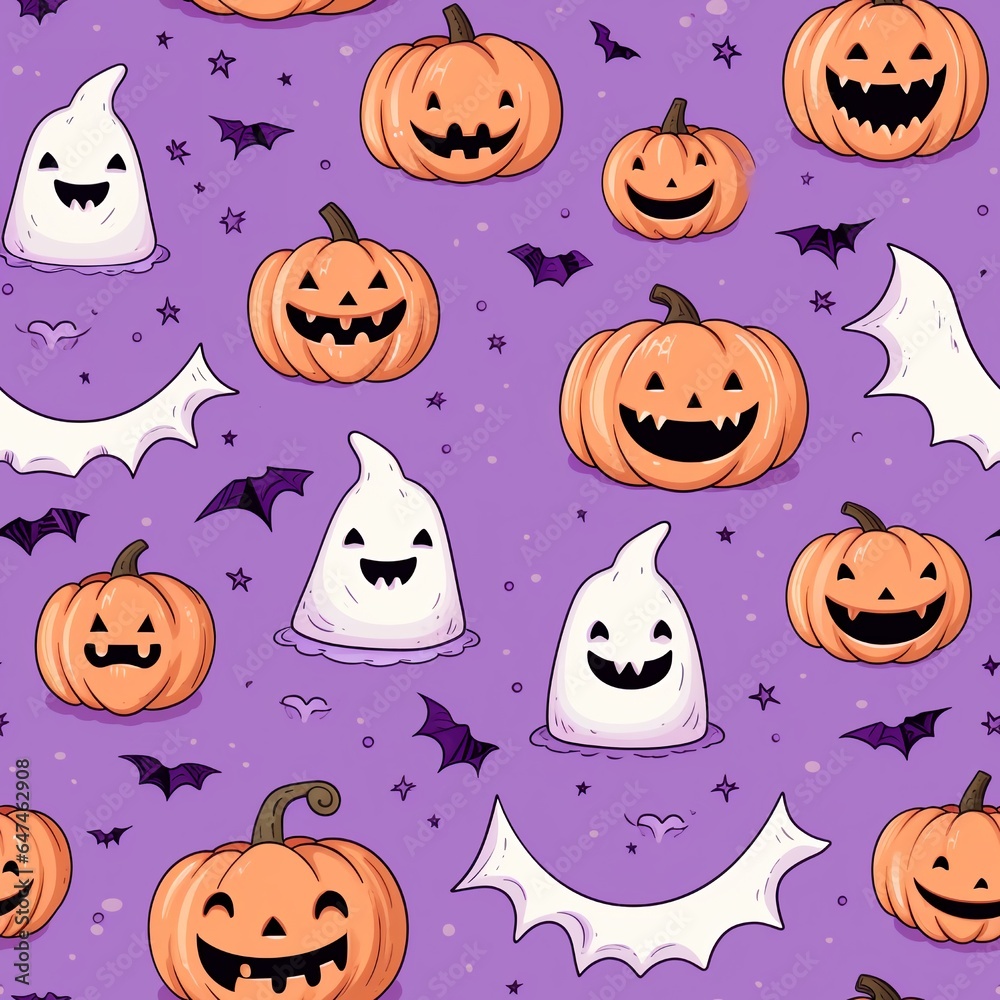Cute spooky pumpkins and bats illustration pattern on purple background, Halloween seamless pattern design, for gift packing, fabric print and web banner.