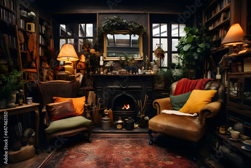 Cozy interior with a burning fire, comfortable furniture, and inviting ambiance.