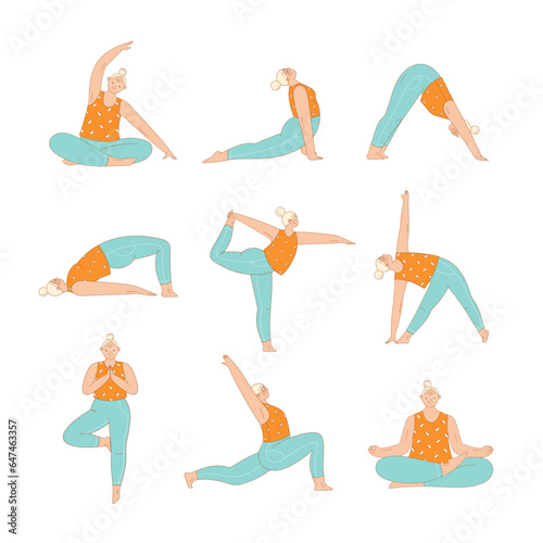 Senior woman cartoon character practicing yoga. Set of various yoga poses. Flat outlined colorful vector illustration.
