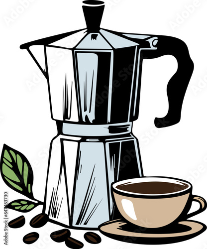 Moka coffee pot with cup of coffee and roasted beans isolated on white background. Vector illustration.