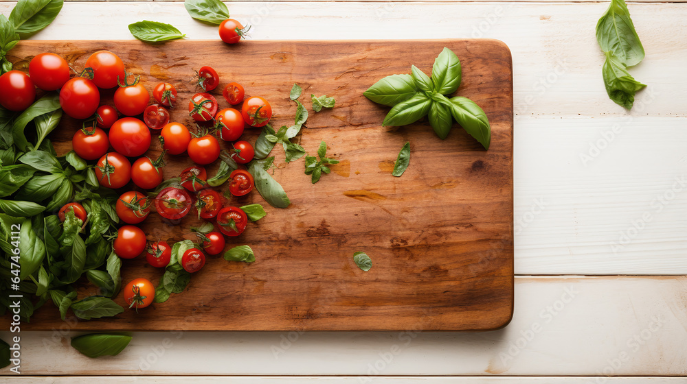 Wood cutting board with Tomatoes and Basil with copy placement area Wood cutting board with Tomatoes and Basil with copy placement area