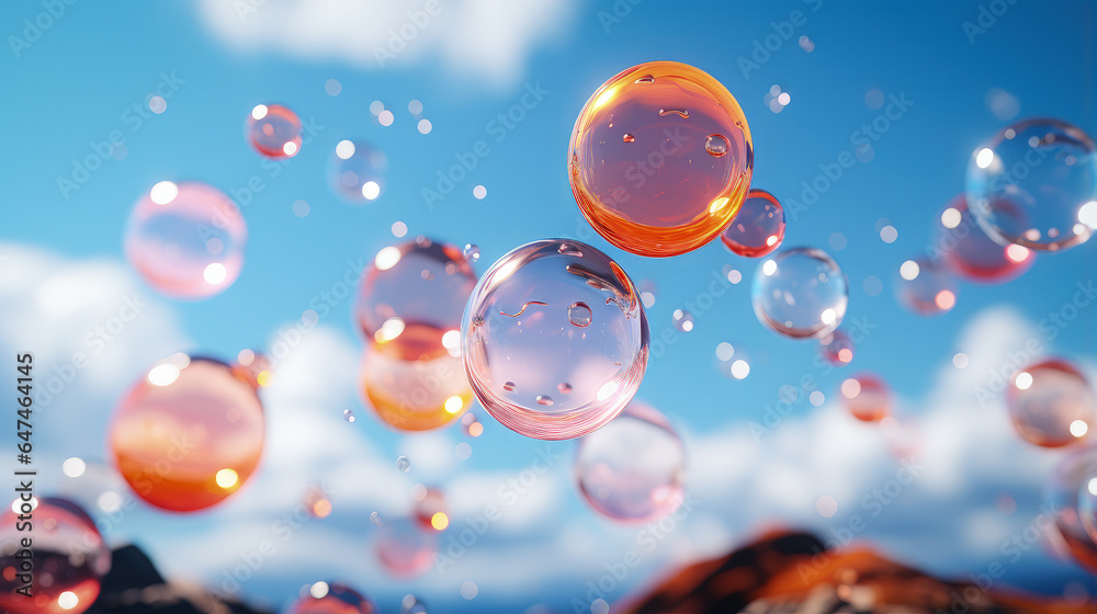 A very detailed image of abstract shapes resembling flying bubbles, set against a vibrant and colorful background. A very detailed image of abstract shapes resembling flying bubbles, set against a vibrant and colorful background.