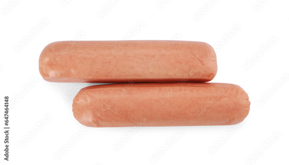 Raw sausages isolated on white, top view. Vegan meat product Raw sausages isolated on white, top view. Vegan meat product