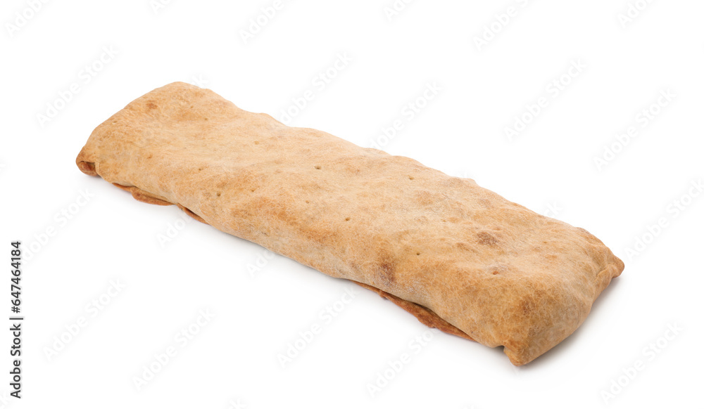 Delicious strudel with tasty filling isolated on white Delicious strudel with tasty filling isolated on white