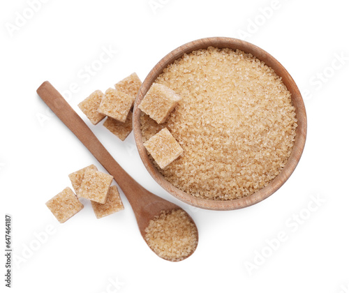 Different types of brown sugar isolated on white, top view