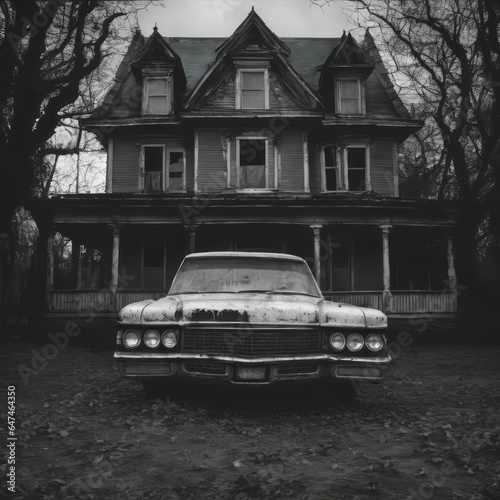 Vintage car on Halloween black and white background high resolution