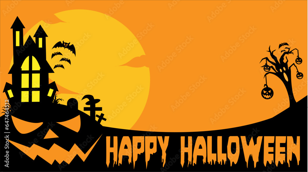 Happy Halloween under the moonlight. Haunted House, Pumpkins and Bats in Black Silhouette, illustrations with copy space area ( You can insert your text )