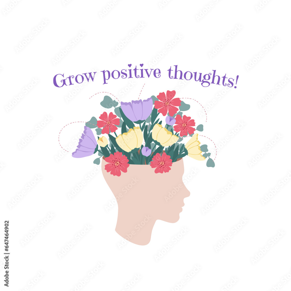 Otwarta głowa z bukietem kwitnących kwiatów i napis. Wzrost emocjonalny, psychoterapia, pozytywne myślenie, zdrowa głowa i zdrowie psychiczne.