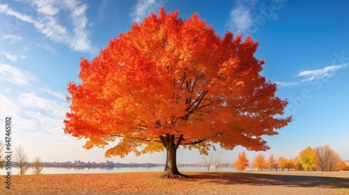 beautiful maple tree with orange and red leaves in autumn on nature in city park on background blue sky generative AI