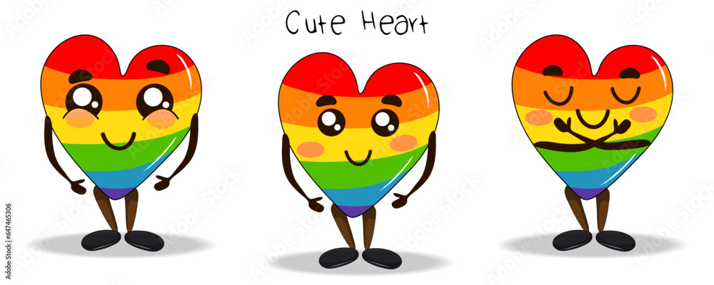 LGBT symbol cute rainbow  heart character set, celebration of lesbian, gay, bisexual, and transgender pride. LGBT Pride Month.Vector illustration design template. Vector objekt in cartoon sketch style
