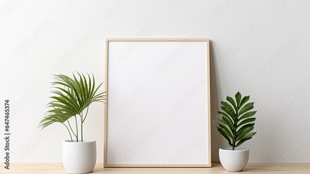 blank wooden picture frame mockup in interior with houseplants generative AI
