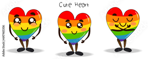 LGBT symbol cute rainbow  heart character set, celebration of lesbian, gay, bisexual, and transgender pride. LGBT Pride Month.Vector illustration design template. Vector objekt in cartoon sketch style