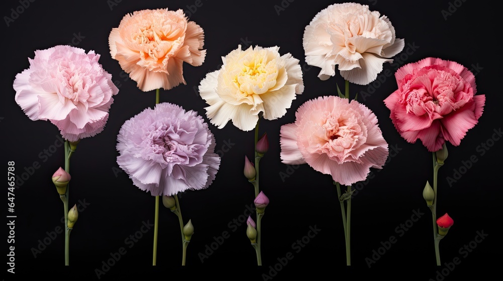 collection of soft pastel carnation flowers isolated on a black background generative AI