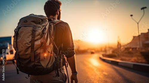 close up back of hiker with backpack on road goal sunrise generative AI