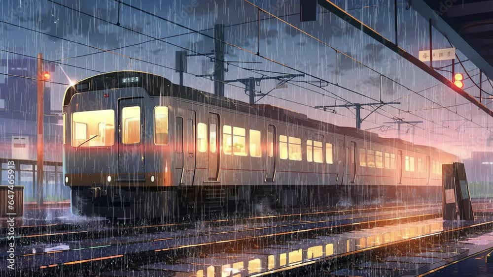 Train platform, foggy dawn, rain, water puddle, anime background