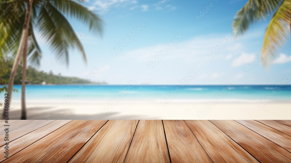 empty wooden table top with view of tropical beach of spring summer time blurred background template for product presentation display 3d rendering generative AI
