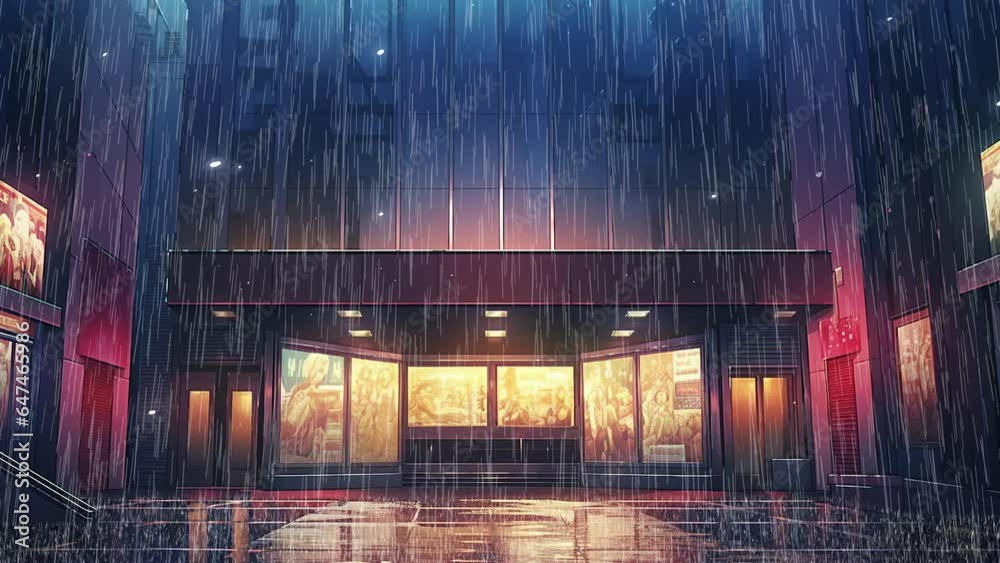 Cinema hall, night,  rain, water puddle, anime background loop