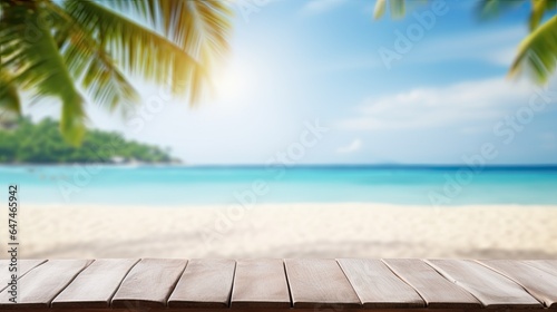 creative mock concept empty wooden table top with view of tropical beach of spring summer time blurred background template for product presentation display 3d rendering generative AI © Brandon