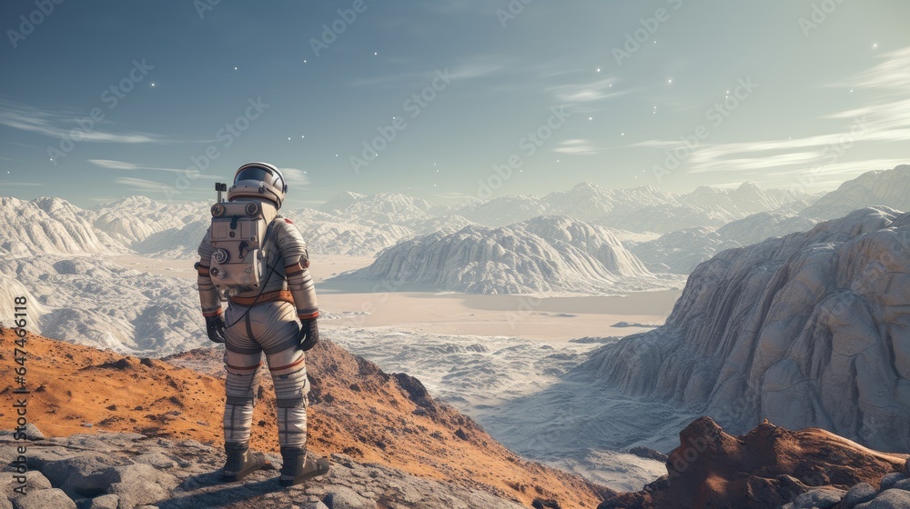 deserted planet in alien world, spaceman in alien planet, scene of an astronaut standing on an unknown hot rocky planet with a breathtaking landscape generative AI