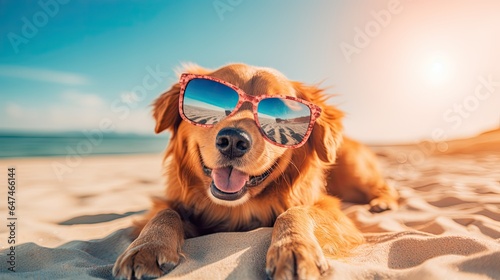dog summer vacation, funny pet with sunglasses sunbathing on a tropical beach, relaxed holiday spirit generative AI