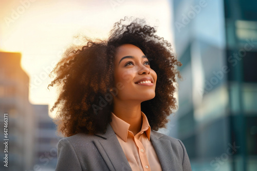 Happy wealthy rich successful black businesswoman standing in big city with modern skyscrapers and sunset, thinking of successful vision, dreaming of new investment opportunities