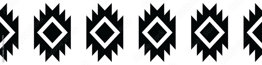 Black border. Aztec tribal seamless pattern in black and white. Abstract ethnic geometric art print design for textile template, fabric, rug, ornament, wallpaper, background, carpet.