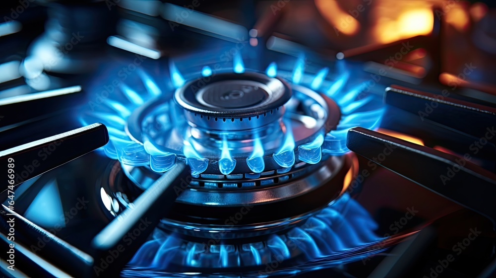closeup of kitchen gas stove burner with blue flame generative AI closeup of kitchen gas stove burner with blue flame generative AI