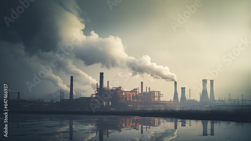 industrial factory pollution, smokestack exhaust gases, bad atmosphere generative AI photo