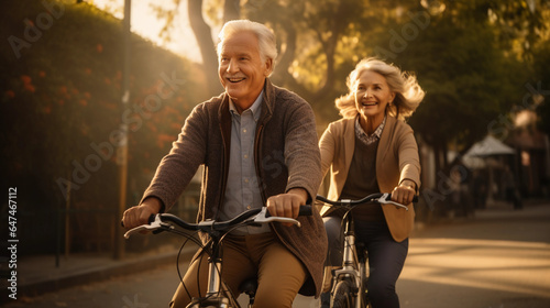 Happy elderly couple riding bikes at golden hour in the city. Active senior couple with bicycle in public park together having fun lifestyle with copy space.  Generative AI. © Billijs