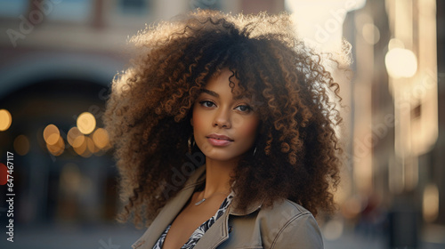Beautiful woman portrait in sunset city. Attractive african american lady. Fashionable successful businesswoman. 