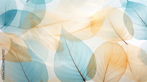 natural light background with texture of transparent leaves with streaks of blue turquoise and beige soft pastel colors, macro generative AI