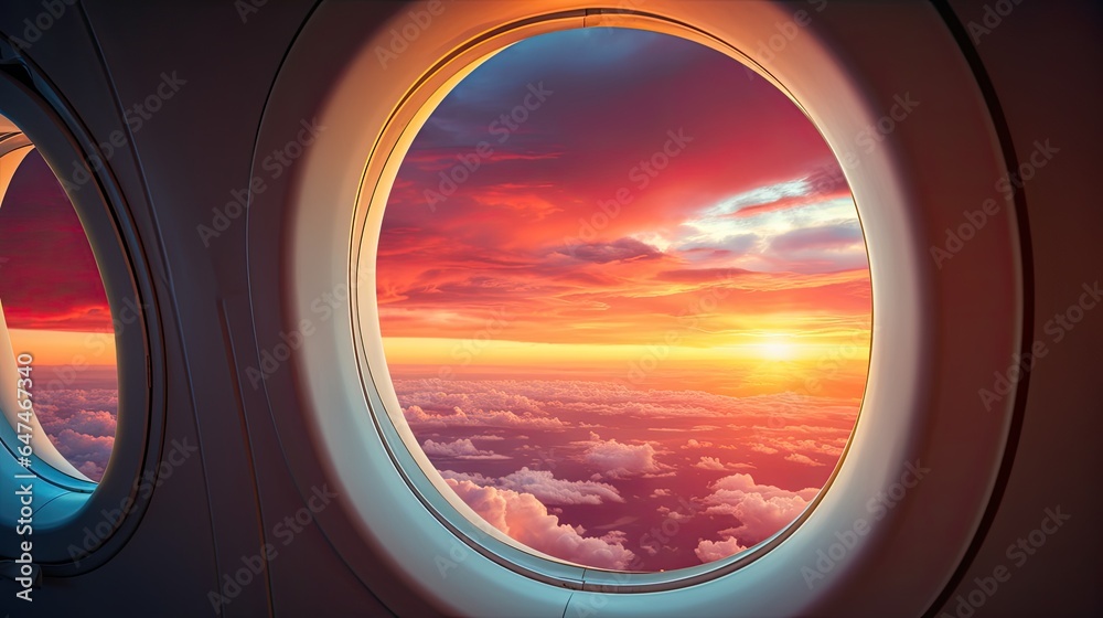 porthole window in an airplane at sunset generative AI porthole window in an airplane at sunset generative AI