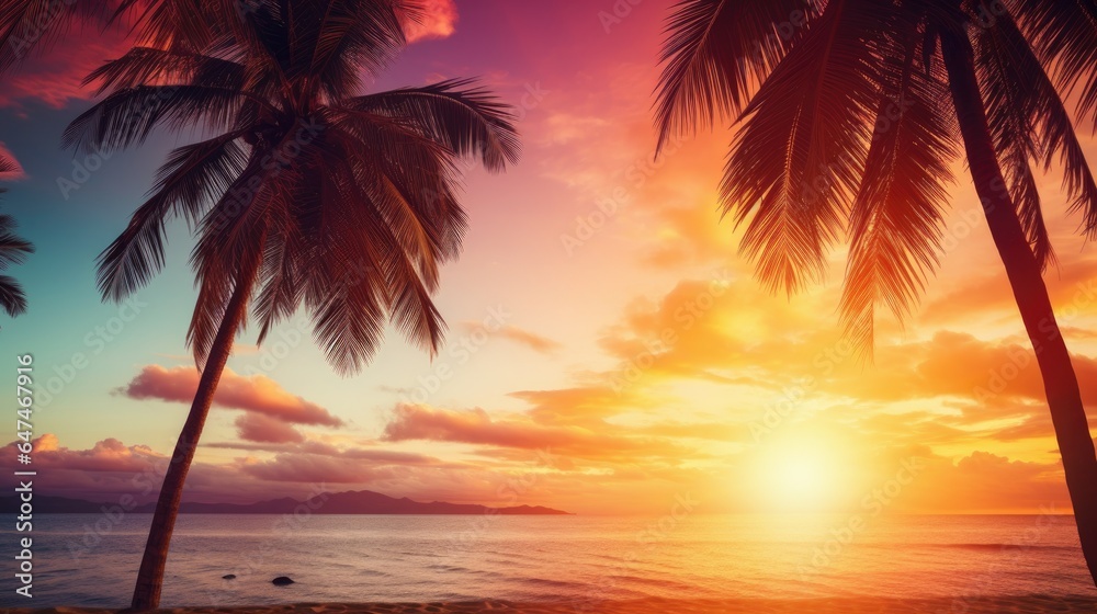 tropical landscape at sunset with palm trees abstract landscape tropical paradise island summer vacation generative AI