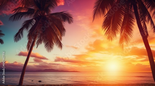 tropical landscape at sunset with palm trees abstract landscape tropical paradise island summer vacation generative AI © Brandon