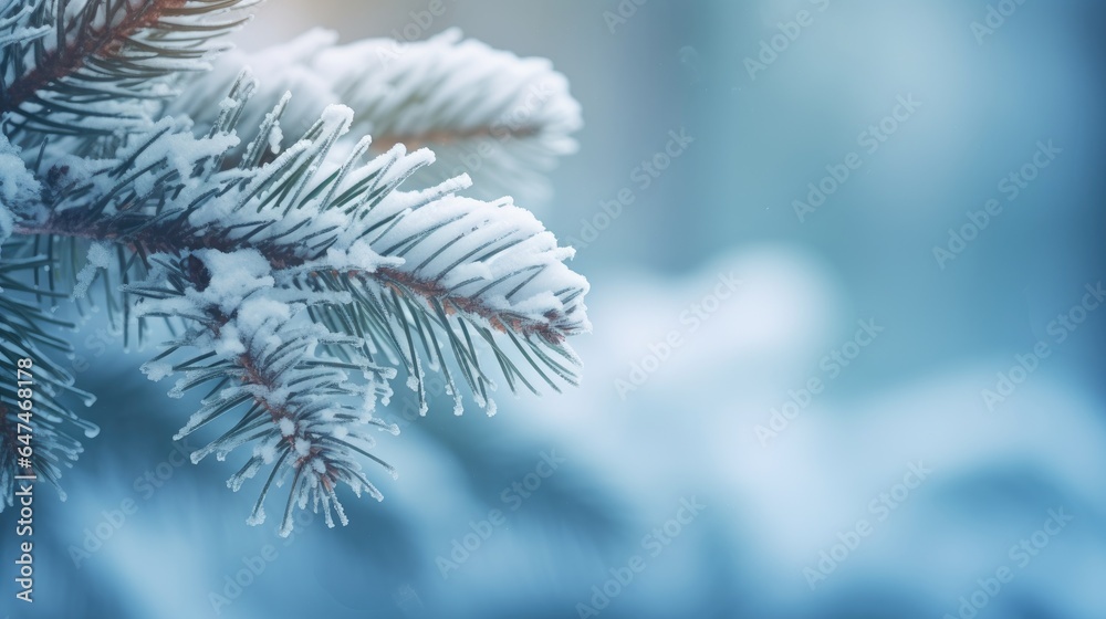 closeup shot of a blue spruce branch covered with snow on a soft blurry background