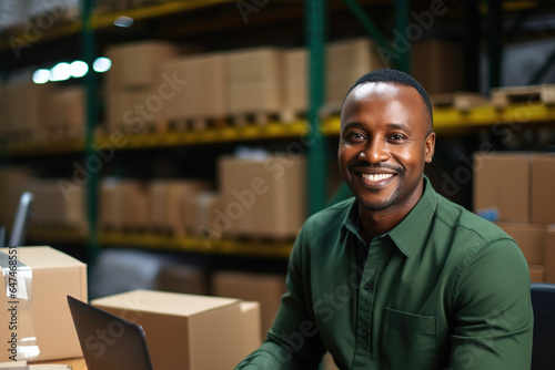 Black male warehouse worker with laptop in delivery warehouse