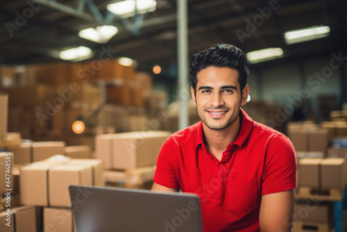 Hispanic male warehouse manager with laptop in distribution center. Storehouse package supervisor