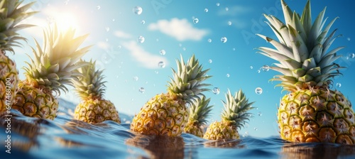 Pineapple floating at sea. Generative AI technology.