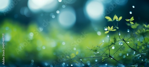 Fototapeta Naklejka Na Ścianę i Meble -  Dew with blurred forest background. Generative AI technology.